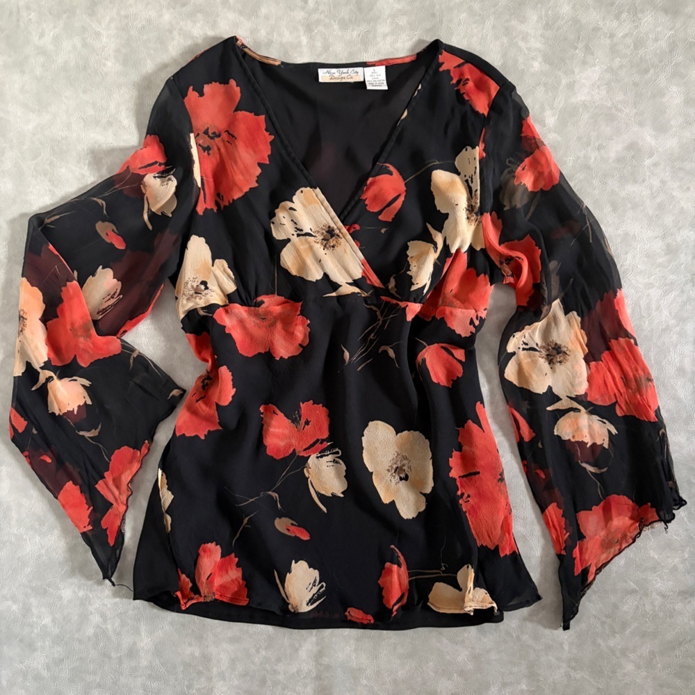 Vintage 100% silk black floral whimsigoth mesh long sleeve top - Picture 6 of 12